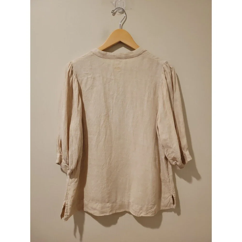 Lilly Pulitzer Mialeigh Top Women’s 10 Beige Linen Blend Puff Sleeve Blouse